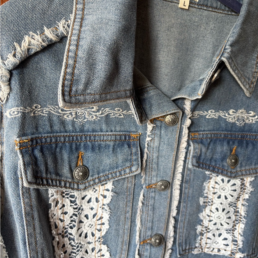POL Blue Jean Jacket with White Lace Accents